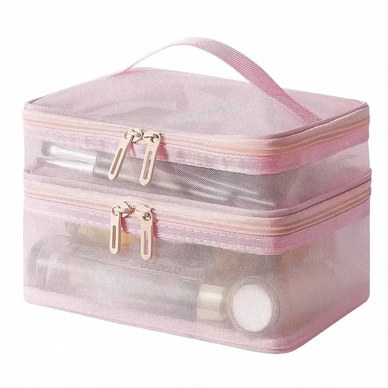 Rosa Dupla Camada Malha Saco de Cosméticos Mulheres Portátil Make Up Case Grande Capacidade de Viagem Zipper Organizador de Maquiagem Caixa de Armazenamento de Higiene Pessoal U7Eq #