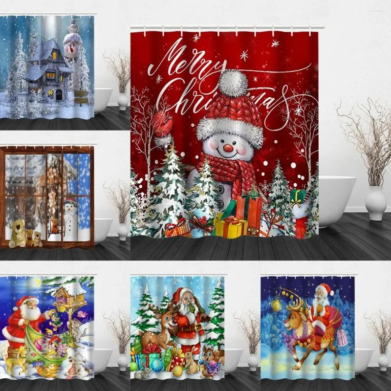 Shower Curtains Christmas Curtain Winter Santa Claus Elk Snowman Tree Pine Branches Colorful Balls Bathroom Decor