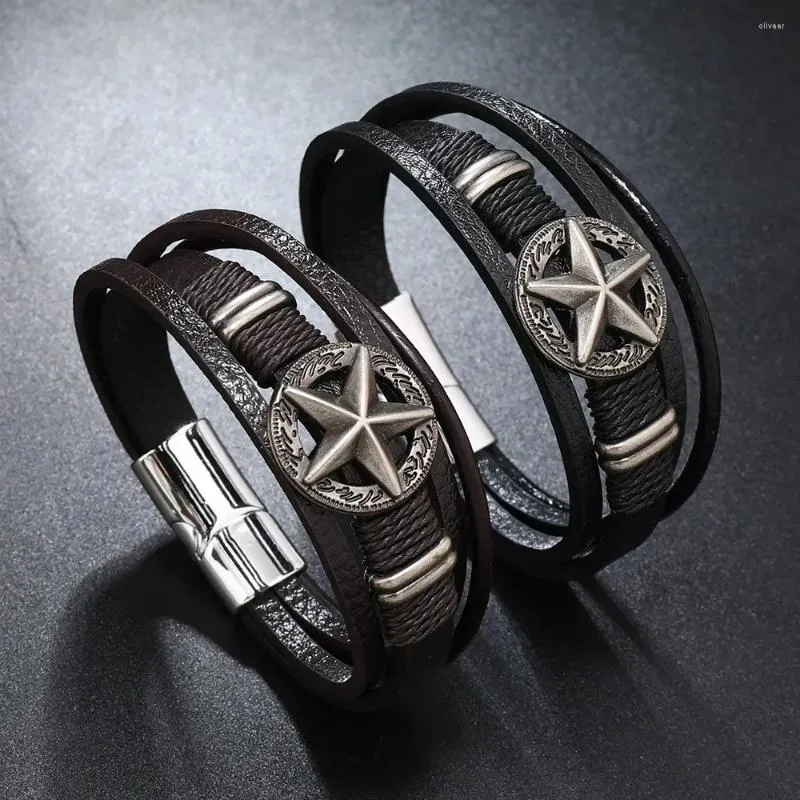 Charm Bracelets Vintage Literary Five-Pointed Star Studded Bracelet Men's And Women's Fashion Leather Stitching Pair Buckle Hand Jewelry