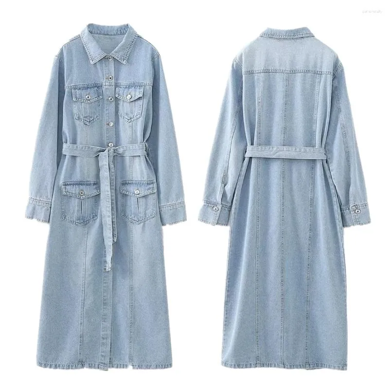 Casual Dresses Withered Fashionable Women's Retro Denim Dress Washed Light Blue Pocket Midi med Belt Women