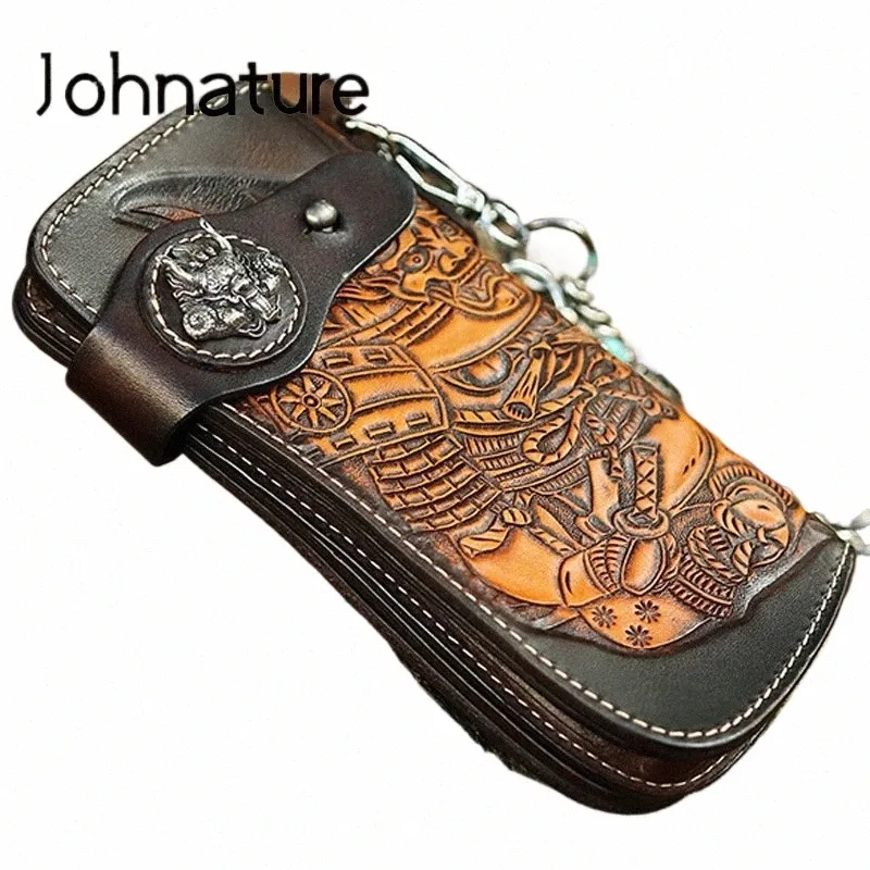 Johnnature 2024 Nieuwe Handgemaakte Retro Lederen Carving Mannen Lg Portemonnee Hoge Kwaliteit Koeienhuid Clutch Portefeuilles Hand Kettingen Portemonnee p1wS #