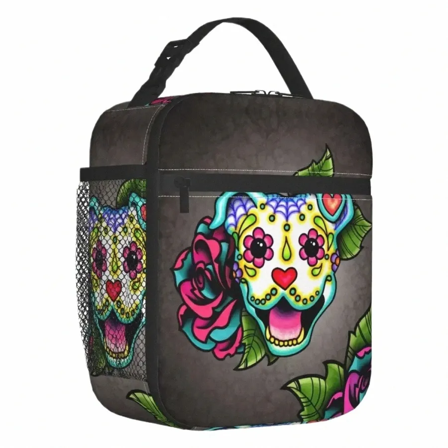 smiling Pit Bull In White Insulated Lunch Tote Bag Day Of The Dead Pitbull Skull Dog Terrier Portable Thermal Cooler Bento Box F5TJ#