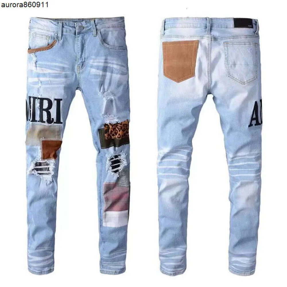 Mens Jeans nödställda motorcykelcyklist Jean Rock Skinny Slim Ripped Hole Letter Top Quality Designer Pants Brand Colors Denim Pants Size