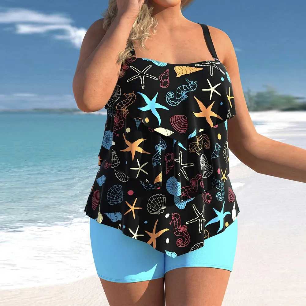 Plus Size rückenfreies Badeset für Damen, sexy Cascading-Rüschen-Hosenträger-Bademode, Sommer-Bikini-Badekleid, Cartoon-Druck, Bademode 240322