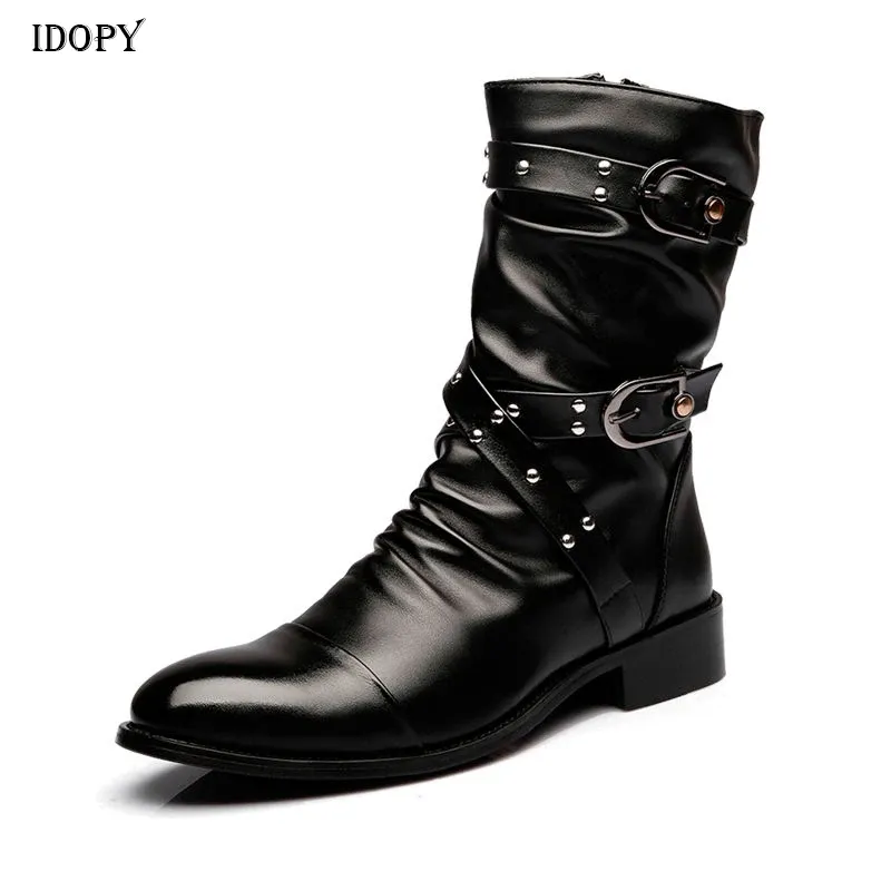 boots Idopy New Autumn Gothic Men Pointed Toe Stage Performance Faux Leather Boots Male Punk Leather High Heels Shoes Buckle Booties