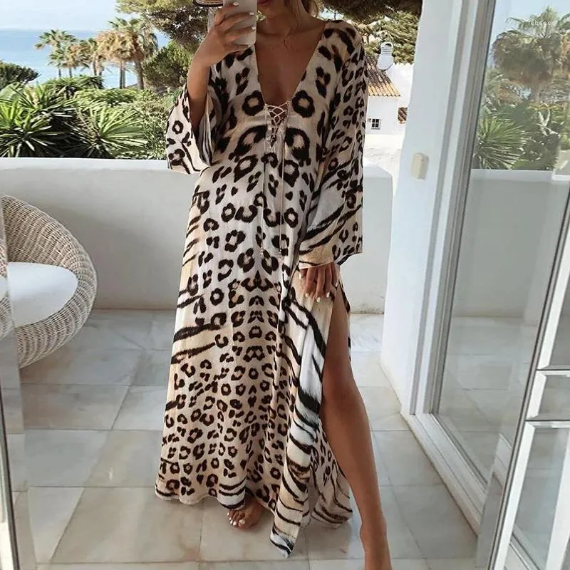 Designer Leopard Print Maxi Dress V Neck Lace Up... From Yantop01, $39.48  In Bulk | DHgate.Com
