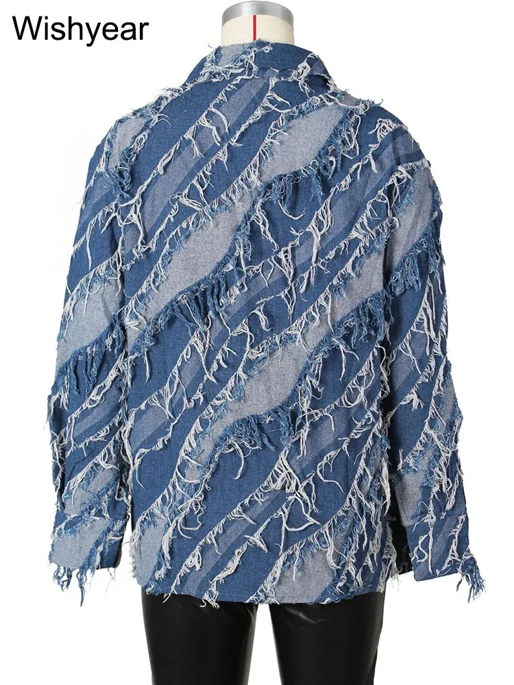 Street Patchwork Tassel Beading Turndown Collar Long Sleeve Loose Denim Jacket Street Patchwork Tassel Beading Turndown Collar Long Sleeve Loose Denim Jacket
