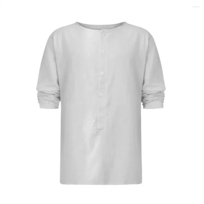 Mäns casual skjortor Löst klippta män skjorta vintage fast färg med rund hals långa ärmar andas tunn mitten av längden för våren