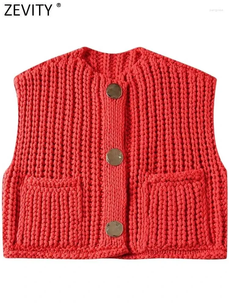 Women's Vests Zevity Women Fashion Sleeveless Double Pockets Patch Knitting Short Vest Sweater Ladies Button Cardigan WaistCoat Tops CT578