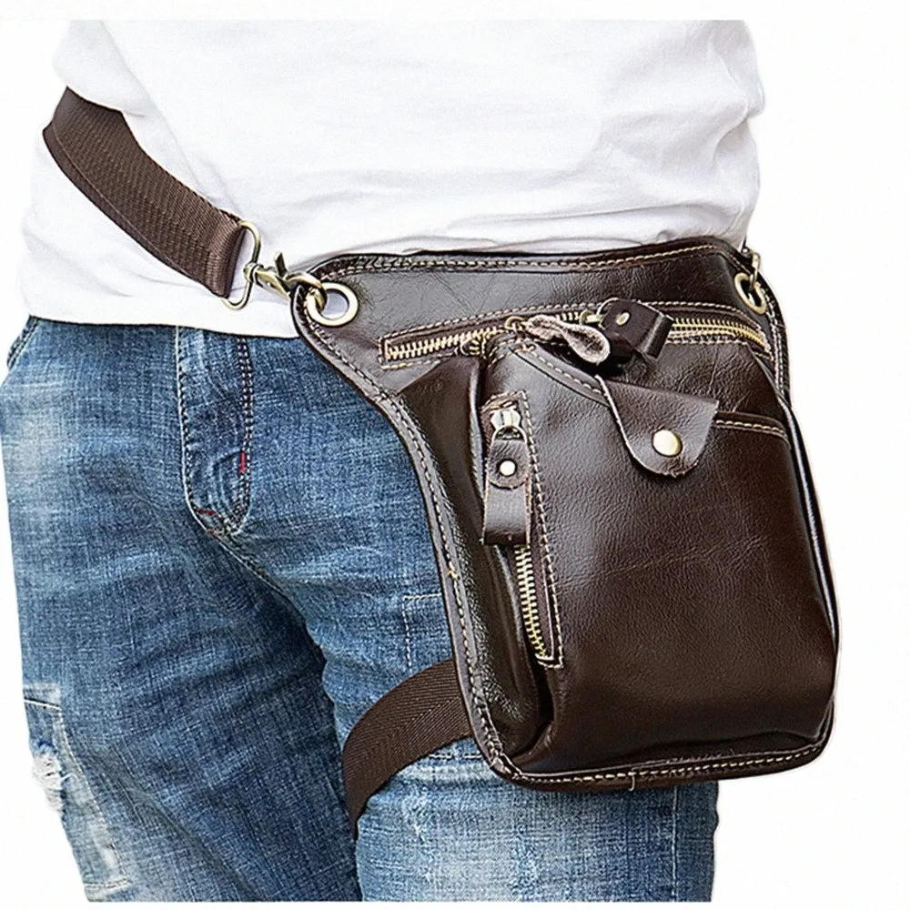 Retro Men's Leather midjepåse Multi-FuncTi Sports Belt Bag Outdoor Practical Ben Bag Bag Real Cowhide Menger Påsar för man F3EV#