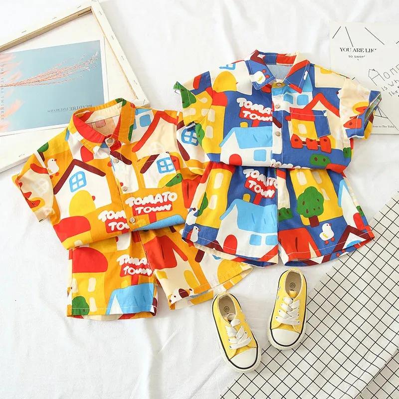 Summer Boys Clothing Sets Cartoon Fashion House Print Shirtshorts Clothes for Kids Girls Beach Holiday Style Baby Sport Suits 240318