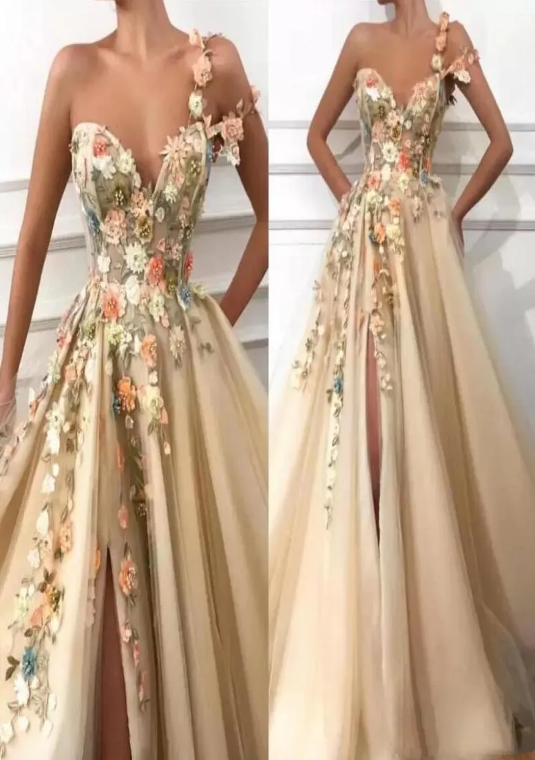 Elegant One Shoulder Tulle A Line Long Prom Dresses 3D Floral Lace Applique Beaded Split Floor Length Formal Party Evening Dresses6674856