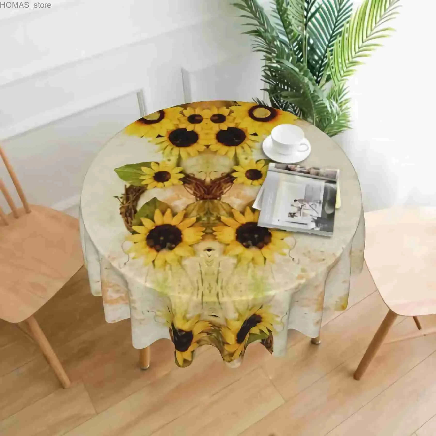 Tafelkleed vintage zonnebloemen decoratief 60 ronde polyester tafelkleed bedrukt patroon wasbaar tafelkleed diner keuken huisdecor y240401