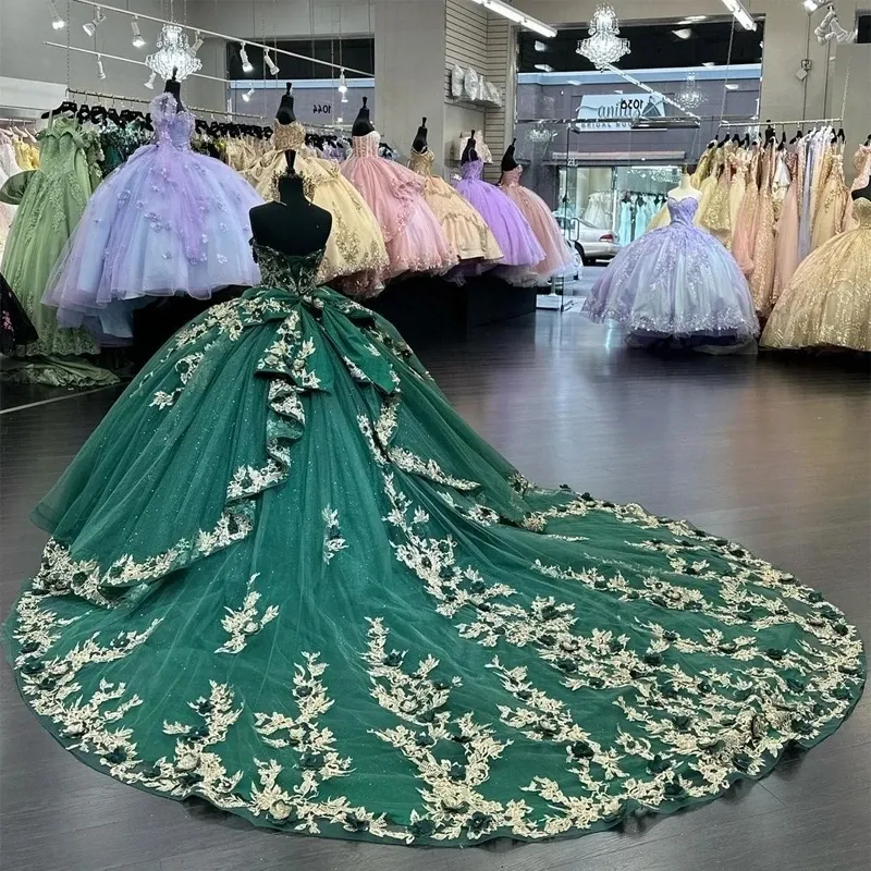 ANGELSBRIDEP Green Ball Gown Quinceanera Dresses Gold Lace