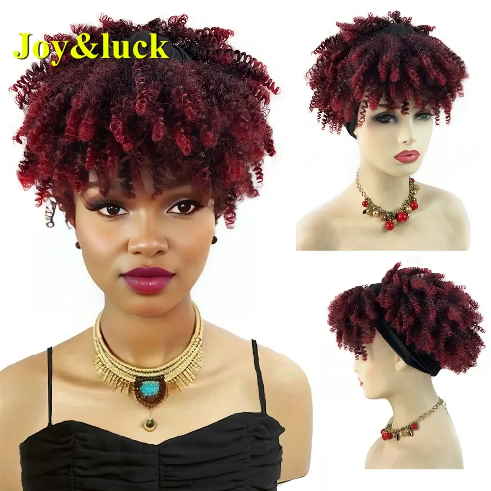 Wigs Synthetic Headband Wig Short Burgundy Afro Curlys With Bangs Wigs African Women Daily Use Wine Red Hair