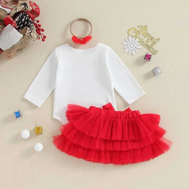 Ensembles de vêtements pour bébés filles, vêtements de noël, chapeau de père noël imprimé, barboteuse à manches longues et jupe en tulle, bandeau mignon, tenue d'automne