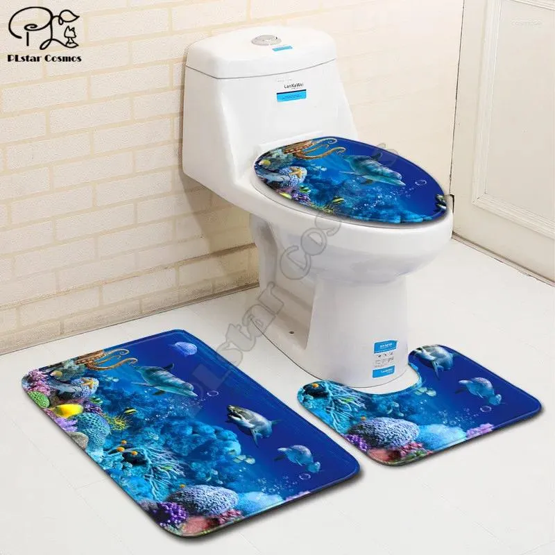 Toilettensitzbezüge, Cartoon-lustige Aquarium-Tiere, 3D-gedruckt, Badezimmer-Sockelteppich, Deckelbezug, Badematten-Set, Drop