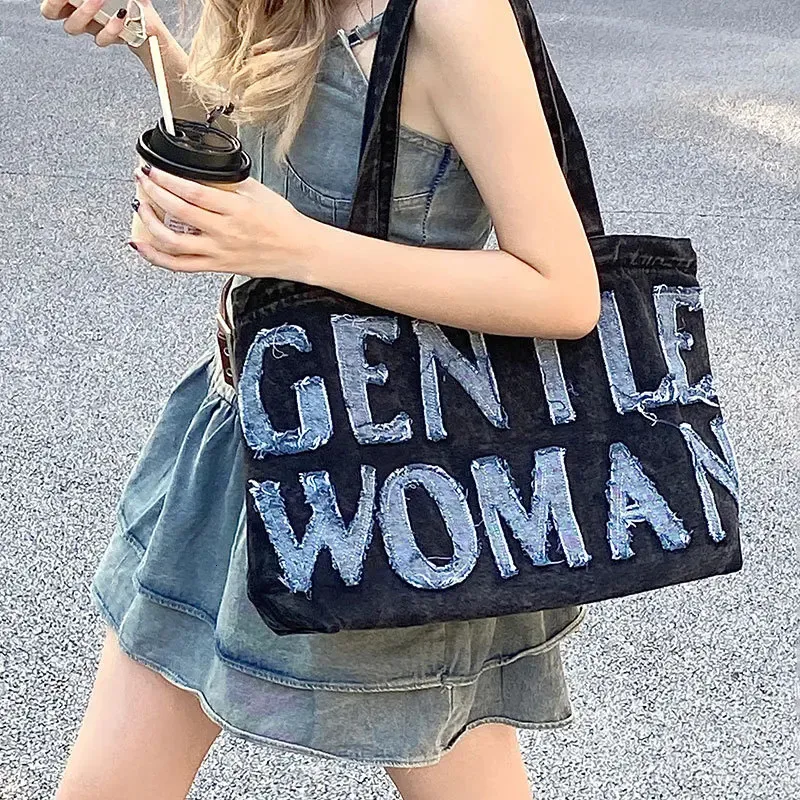 Letter Denim women Shoulder Bags large Capacity Travel Shopping bags Casual Big cowboy female Handbags and Purses blue 240329