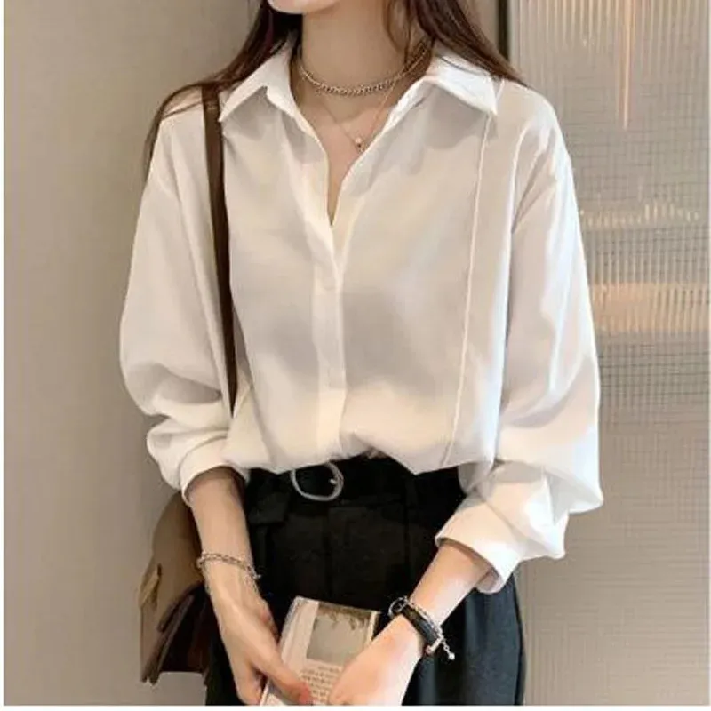 Womens shirt white plain color loose oversized blouse womens Button Korean 4 Colors M4XL 240322