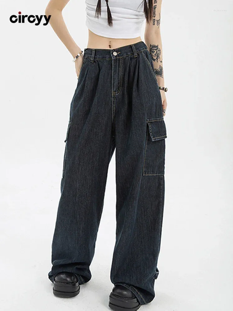 Dżinsowe dżinsy Cirhyy Worbgy Women Cargo Demin Pants Blue Streetwear Pełna długość Hip Hop Oversize szeroka noga Vintage Luźne spodnie