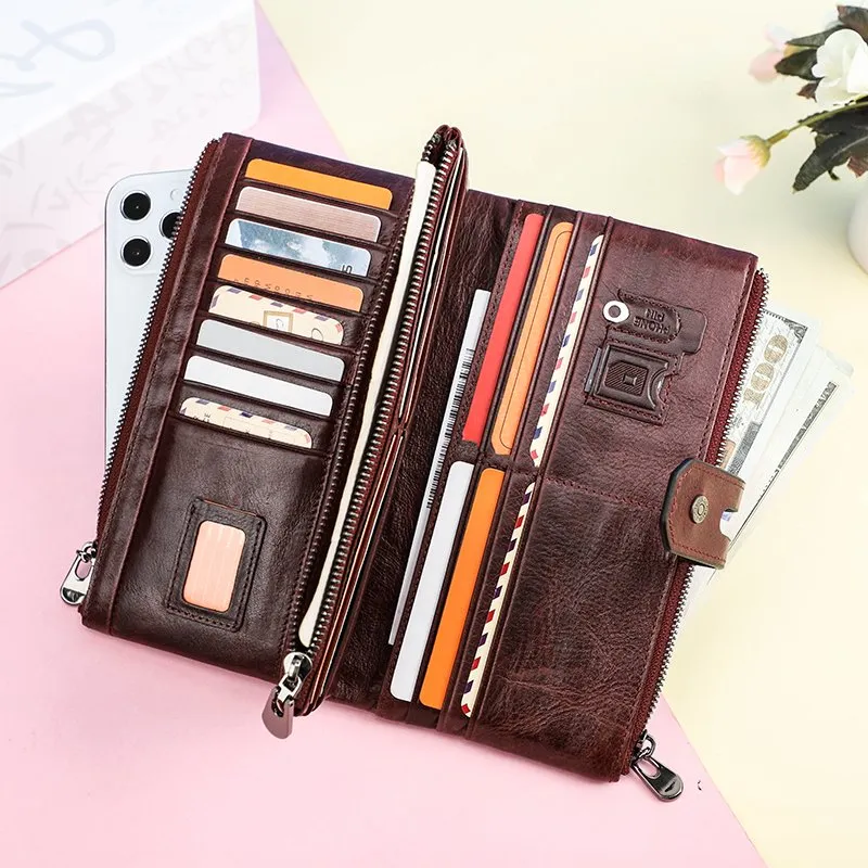 3-in-1 Women's Long Wallet – Genuine Cow Leather Organizer With Detachable Phone Pouch (Brown)
