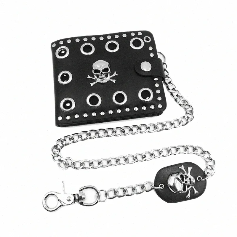 leather Cool Punk Gothic Western Skull Clutch Purse Wallets With Chain For Men d0C5#