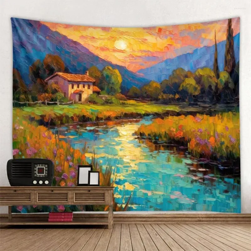 Tapestries Forest Stream Water Tapestry Wall Mounted Landscape Oil Painting Bohemian Art Living Room Bedroom Home Decoration