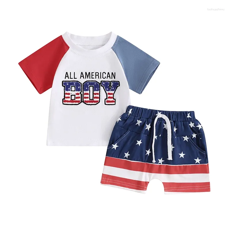 Set di abbigliamento per bambini 4 luglio outfit lettera ricamato maglietta manica corta e stelle a strisce pantaloncini per abiti da 2 pezzi set