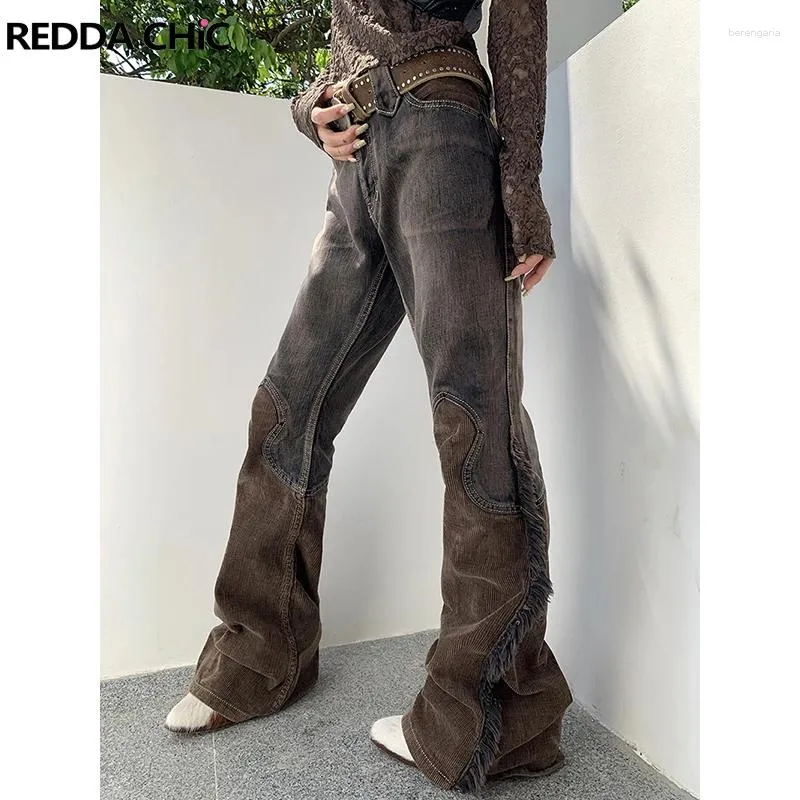 Kvinnors jeans reddachic corduroy lapptäcke blossade kvinnor 2024 trend tofsels bootcut byxor hög midja klockbotten leggings vintage kläder