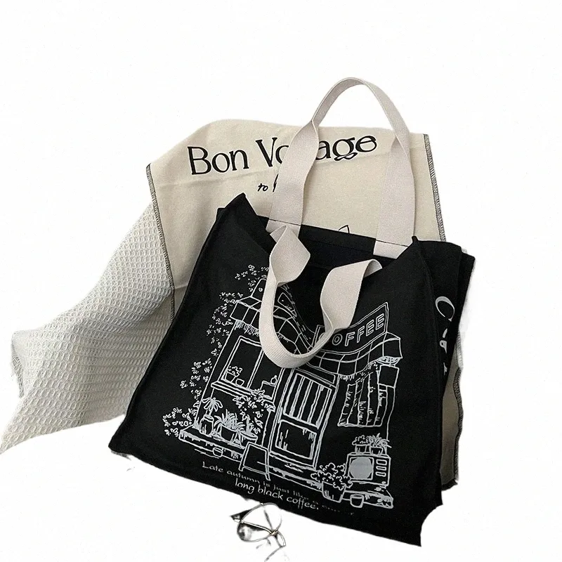 Borsa a tracolla in tela da donna Coffee House Shop Borse Borsa nera in cotone spesso Borsa per studenti Borsa in stoffa Shopper femminile r7R3 #