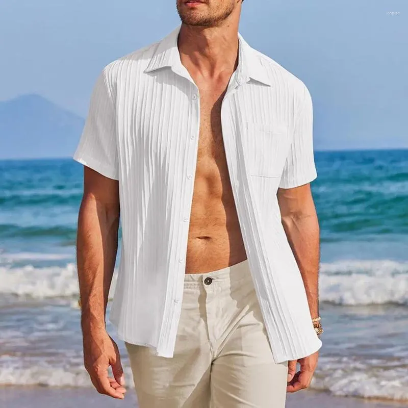 Мужские повседневные рубашки, свободная рубашка, летняя рубашка на пуговицах с нагрудным карманом, полосатый дизайн, легкая дышащая деловая одежда для торжественных случаев