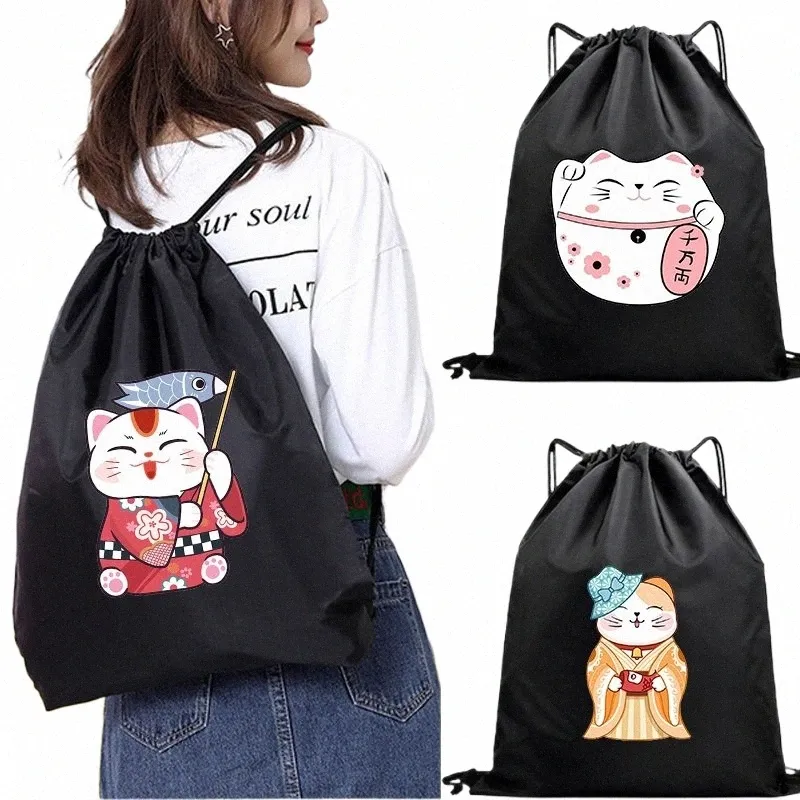 Mignon chat japonais imprimé sacs à dos à cordon sac à cordon épaissir sac de rangement portable sac de rangement étanche en gros P5wo #