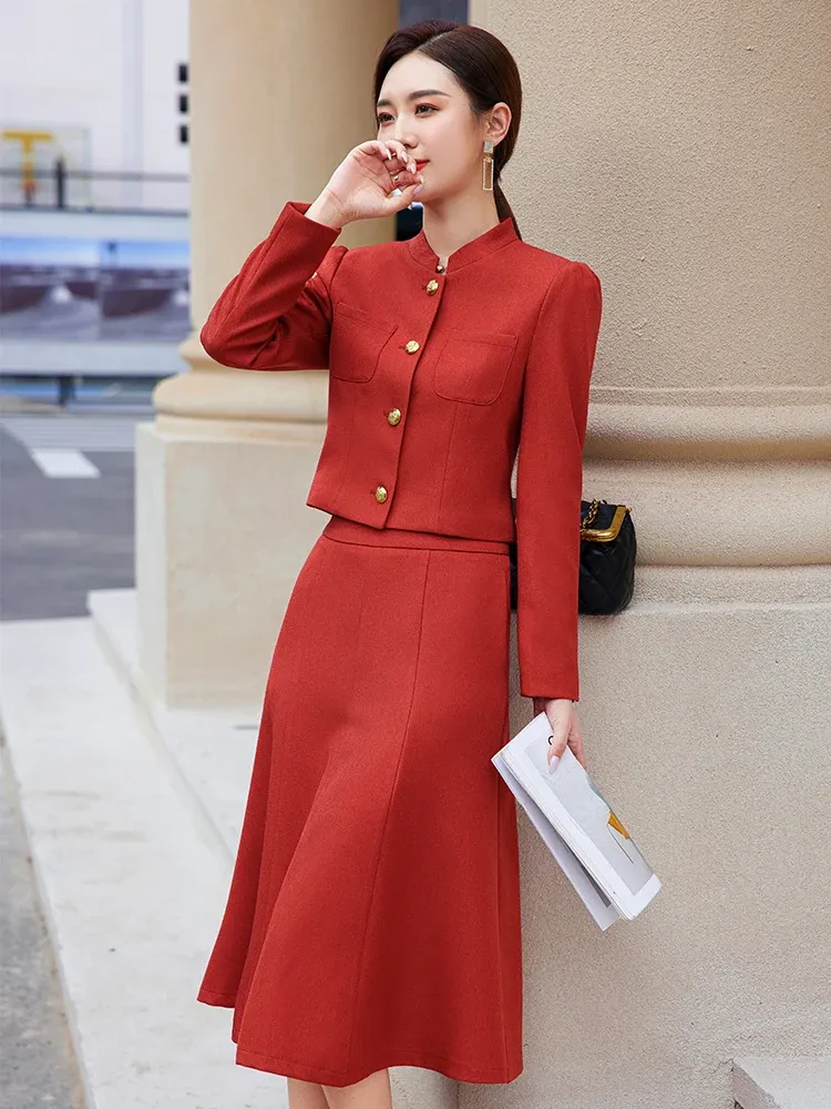 DHgate Gray Red Green Elegant Womens Skirt Suit 2 Piece Formal Business Attire Apparel