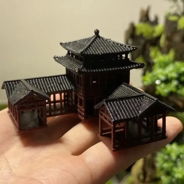 Plastisk kinesisk stil Ancient Architectural Model Aquarium Micro Landscape Bonsai 3D Printing Art Decoration Ornament ZD262 240325