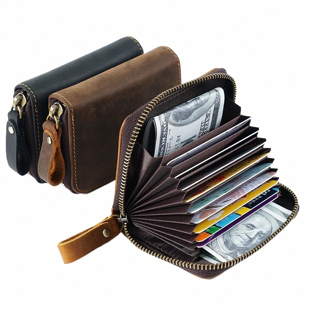Porte-cartes en cuir véritable Rfid anti-magnétique de grande capacité, style rétro vintage pour portefeuille unisexe 42Da #