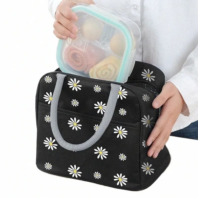 women's Portable Daisy Printing Thermal Bag for Lunch Large Capacity Work Food Ctainer Fridge Picnic Insulated Cooler Pouch J8Q0#