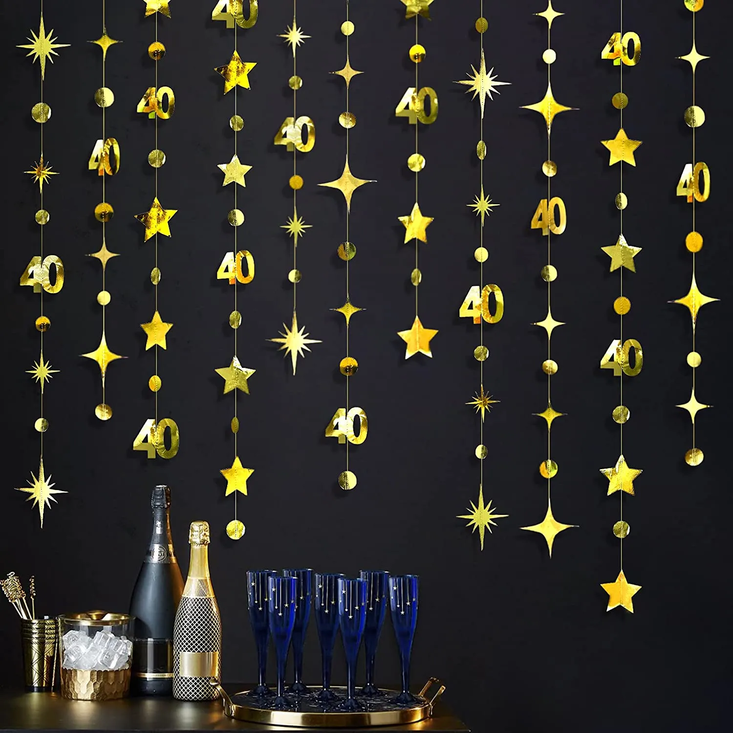 Gold 40. Geburtstag Banner Dekorationen Nummer 40 Kreis Punkt Twinkle Star Girlands Hängende Kulisse für die 40 -jährige Geburtstagsfeier