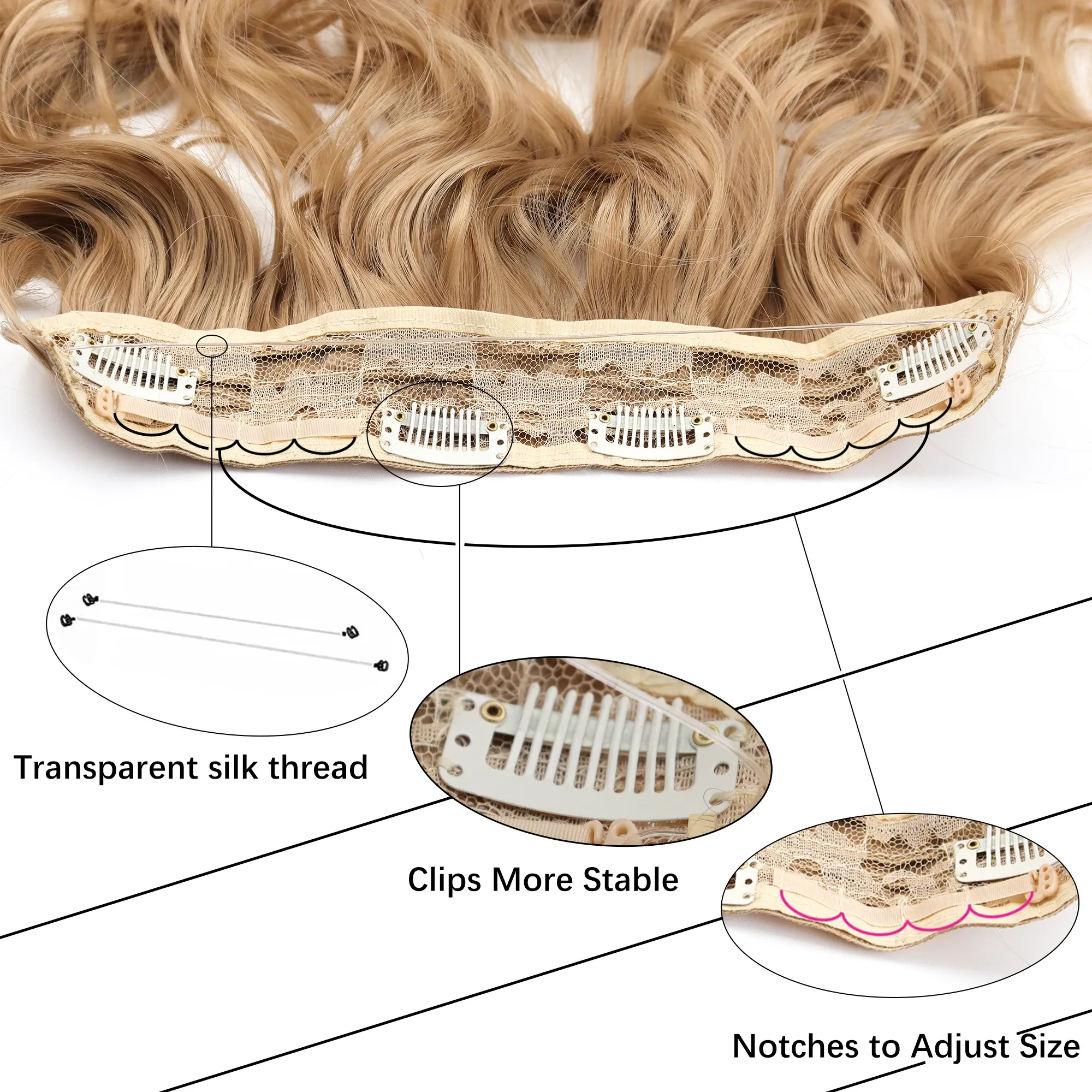 Invisible Wire Hair Extensions Adjustable Size 4 Secure Clips Long Wavy … Invisible Wire Hair Extensions with Transparent Wire  main image 4