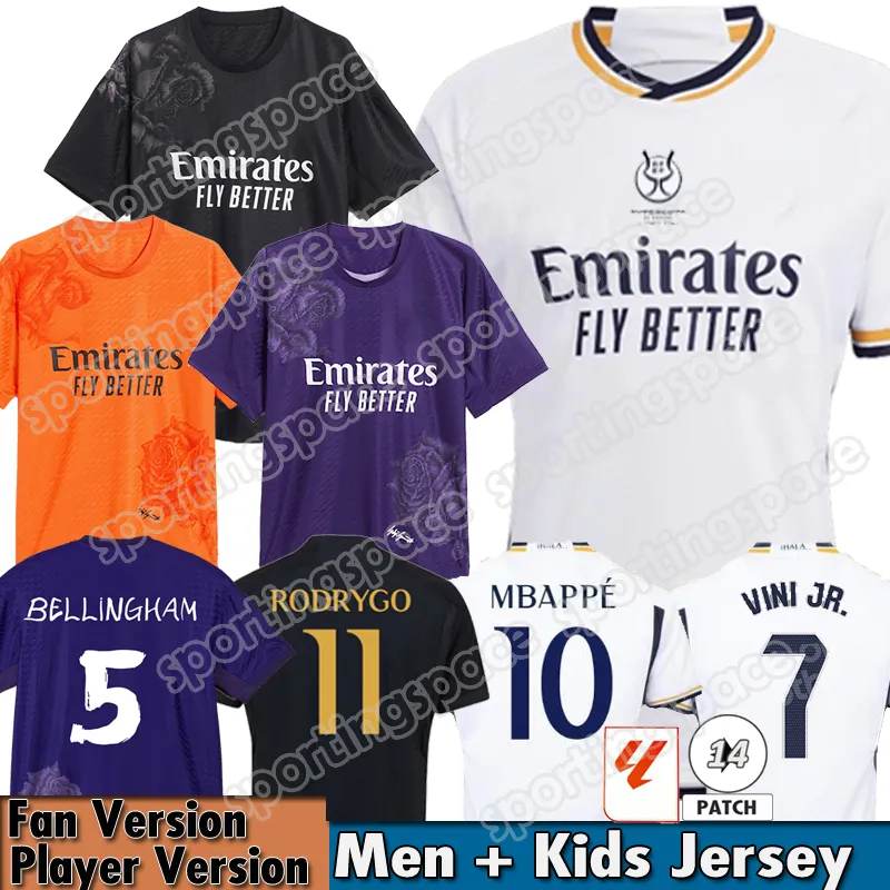 23 24 25 MBAPPE BELLINGHAM Real Madrids Soccer Jersey Y 3 Kids Kit Home Away Troisième Quatrième Maillot de Football Camisetas RODRYGO VINI JR Plus Taille 4XL Gardien de but Violet Noir