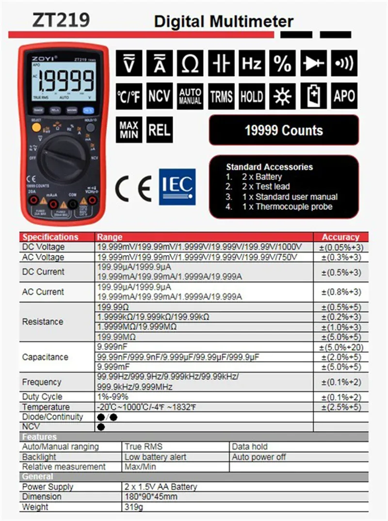 Zoyi VC15B+ Digital Multimeter 6000 Zählt Autoranging LCD -Bildschirm AC/DC Amperemeter Voltmeter Ohm Tragbares Messgerätetool