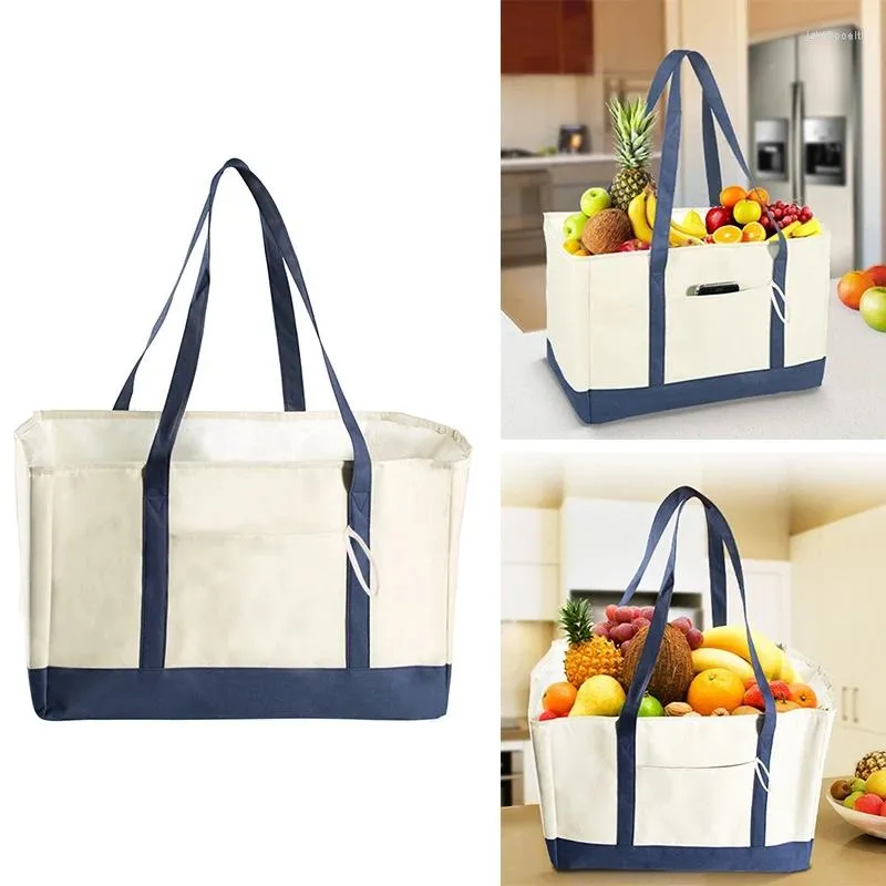 ショッピングバッグ - 再利用可能な食料品の折りたたみ式再利用可能なボックスラージストレージビントートバッグベージュとブルー