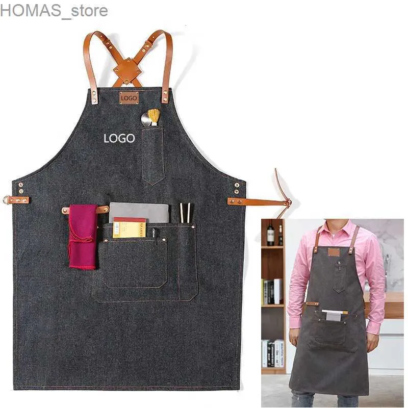 Schorten diy merk borduurwerk van keuken schort schoonheid salon coffeeshop bediende werk accessoires uniform denim canvas lederen banden schort y240401