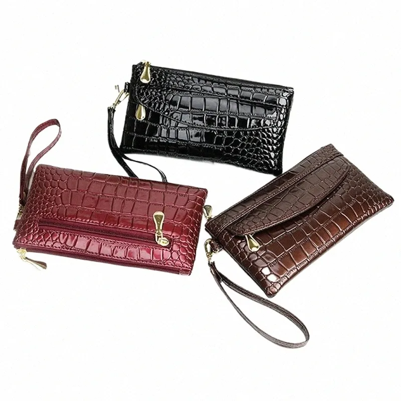 PU Couro Mulheres Carteiras Fallow LG Senhoras Duplo Zíper Carteira Clutch Bag Design Red Purse Crocodile Bolsas N40I #