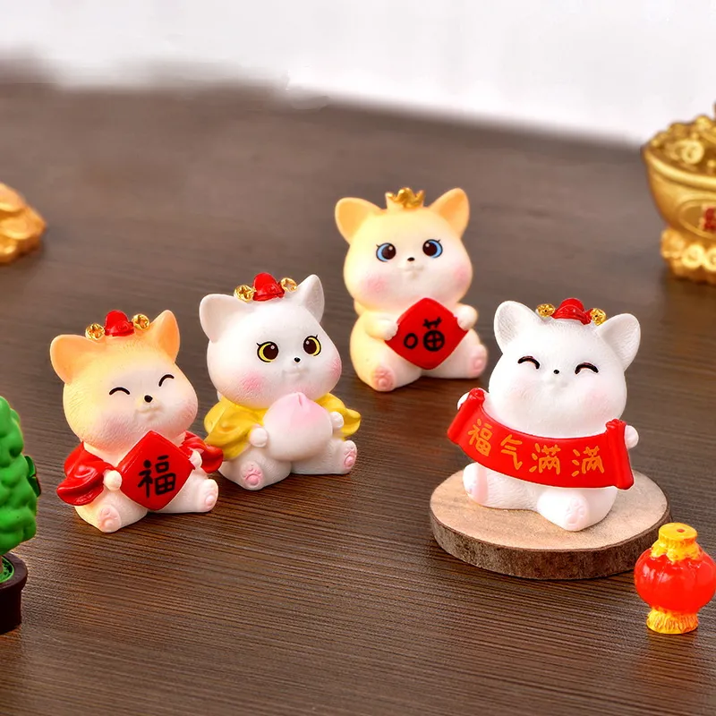 8pcs/zestaw Nowy Rok Model drzewa Figurka Fortune Cat 3D Miniaturowy Micro Krajobraz Dekoracyjny Ornament samochodowy