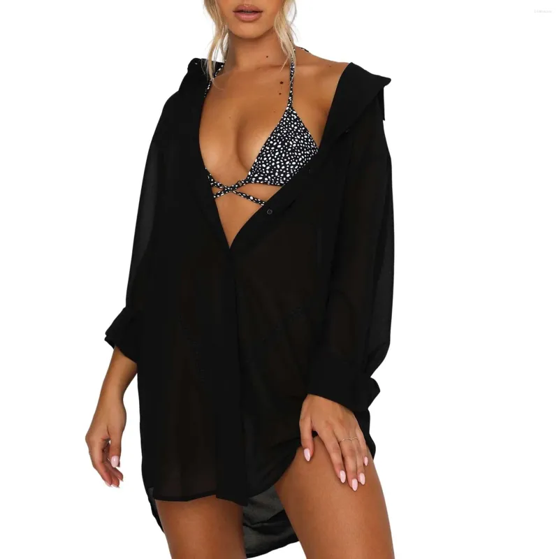 Women Bikini Swimsuit Cover Up Long Sleeve Button Down Blouse Shirts Sexy Sheer Bathing Suit Beachwear