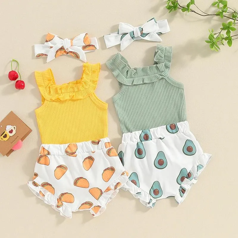 Clothing Sets Baby Girls Summer Outfit Sleeveless Romper Taco/Avocado Print Shorts Headband Set Born 3 Pieces Clothes