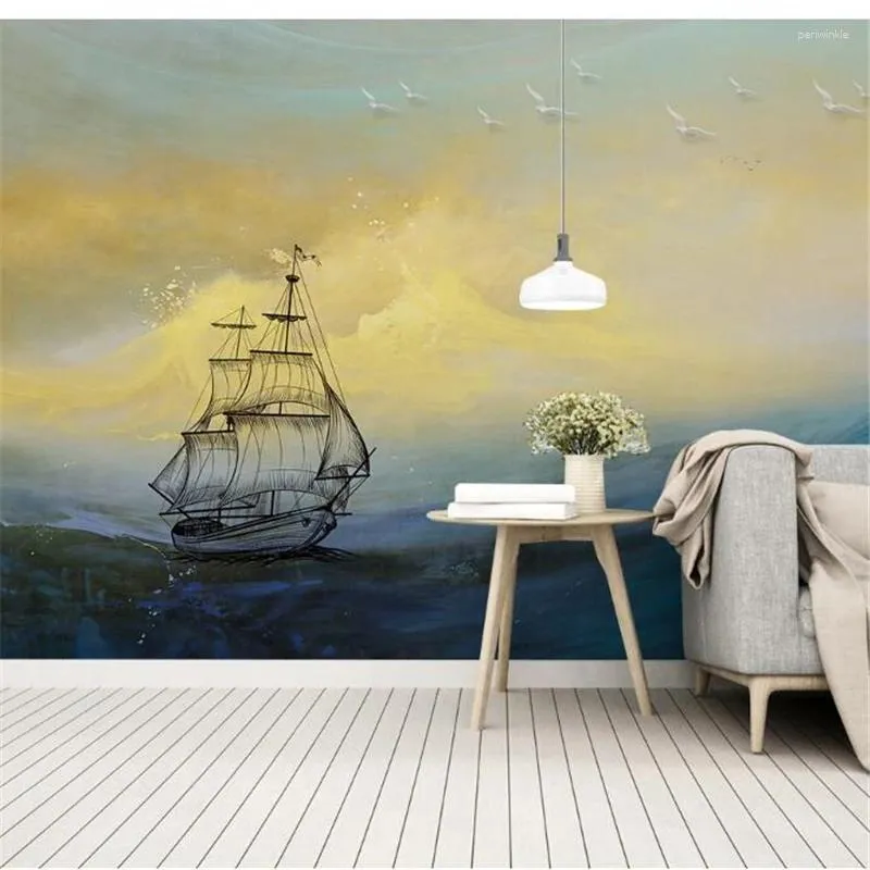 Wallpapers wellyu papel de parede 3d personalizado papel de parede escandinavo retro vento e ondas quebrando o oceano vela pintura a óleo parede