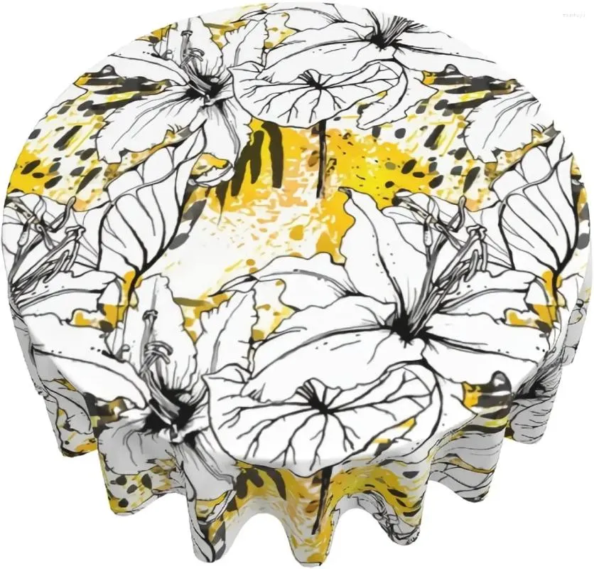 Nappe de Table ronde florale noire et blanche, 60 pouces, feuille abstraite, aquarelle artistique, tissu froissé lavable, nappe en Polyester