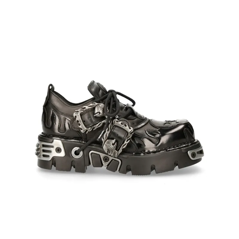 Dark Punk Leather Platform Shoes: Vintage Flame-Carved Low