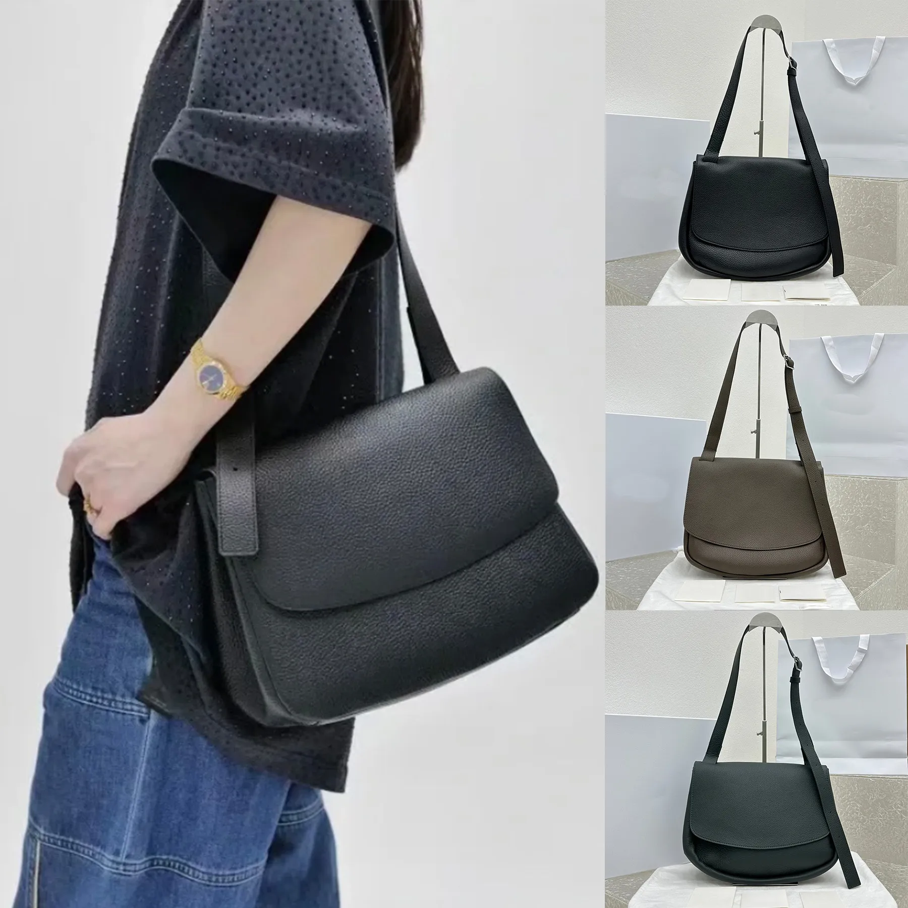 Top Quality 10A Mail bag Designer de moda Bolsa de ombro de couro genuíno Vintage Half Moon Underarm Bag Soft Alça ajustável Mulheres Lápis Bolsa Clutch The Row